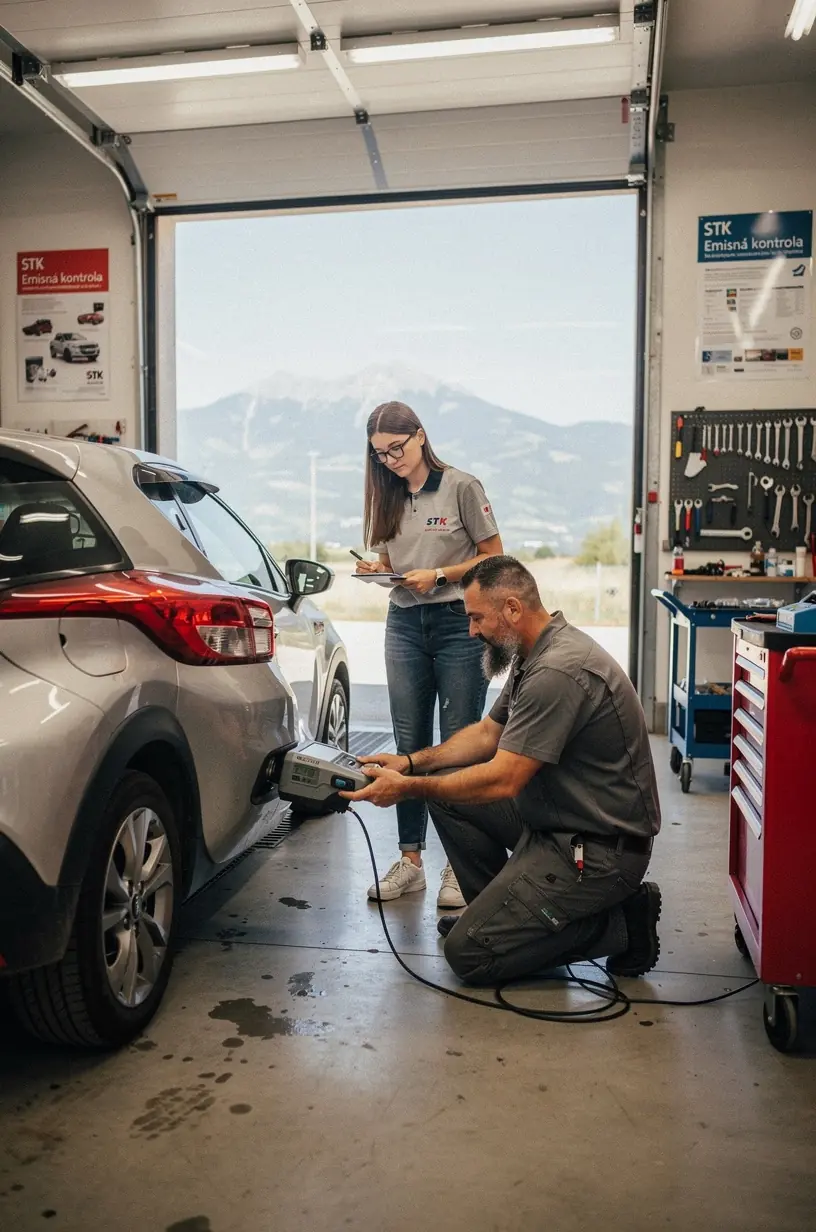 Automechanik vykonáva diagnostiku motora pomocou počítačového zariadenia v servise.